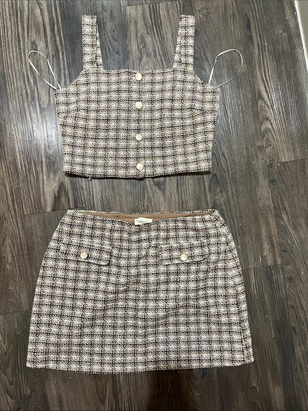 meraki Beige & Brown Plaid Tweed Mini Skirt